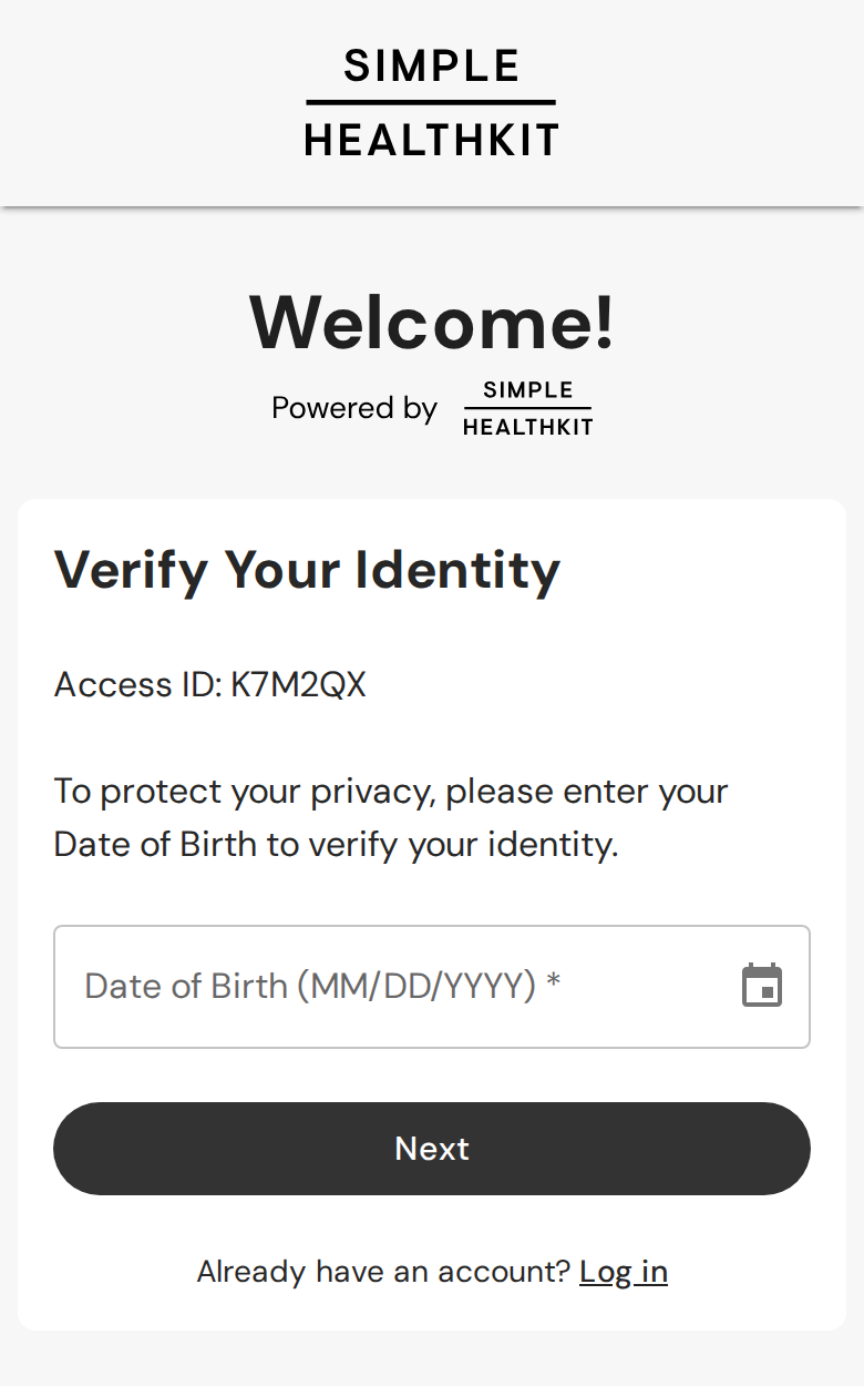 Simple HealthKit sign-up page on a phone, headed Verify Your Identity: To protect your privacy, please enter your Date of Birth to verify your identity. Below it, a Date of Birth field and a Next button.